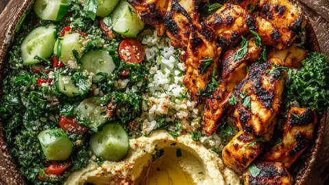 Lemon Chili Grilled Chicken Bowls Cucumber Salad Hummus