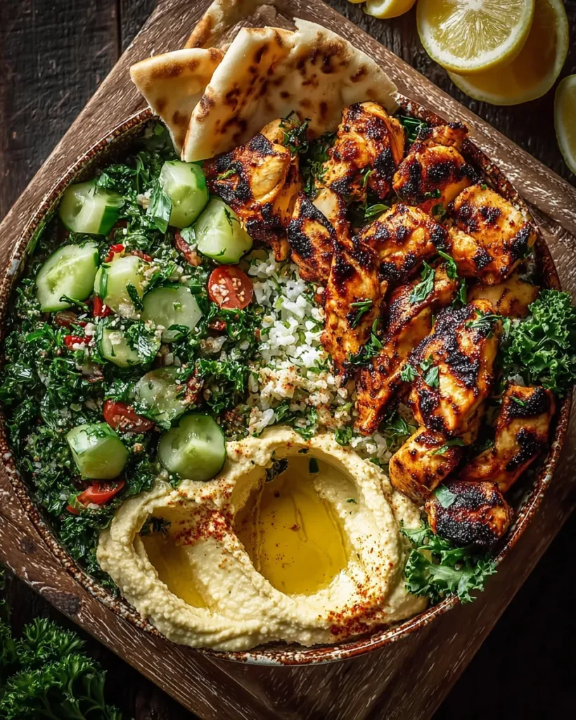 Lemon Chili Grilled Chicken Bowls Cucumber Salad Hummus