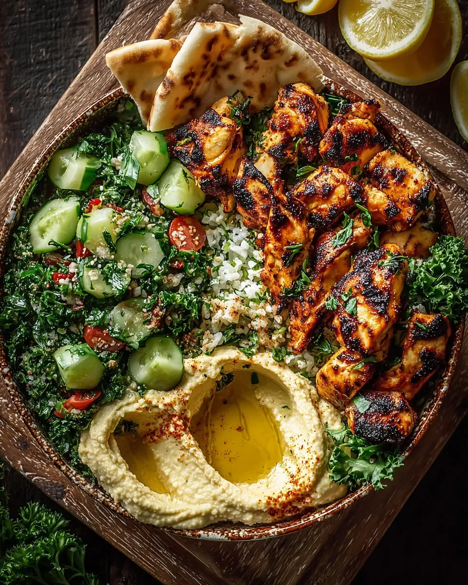 Lemon Chili Grilled Chicken Bowls Cucumber Salad Hummus