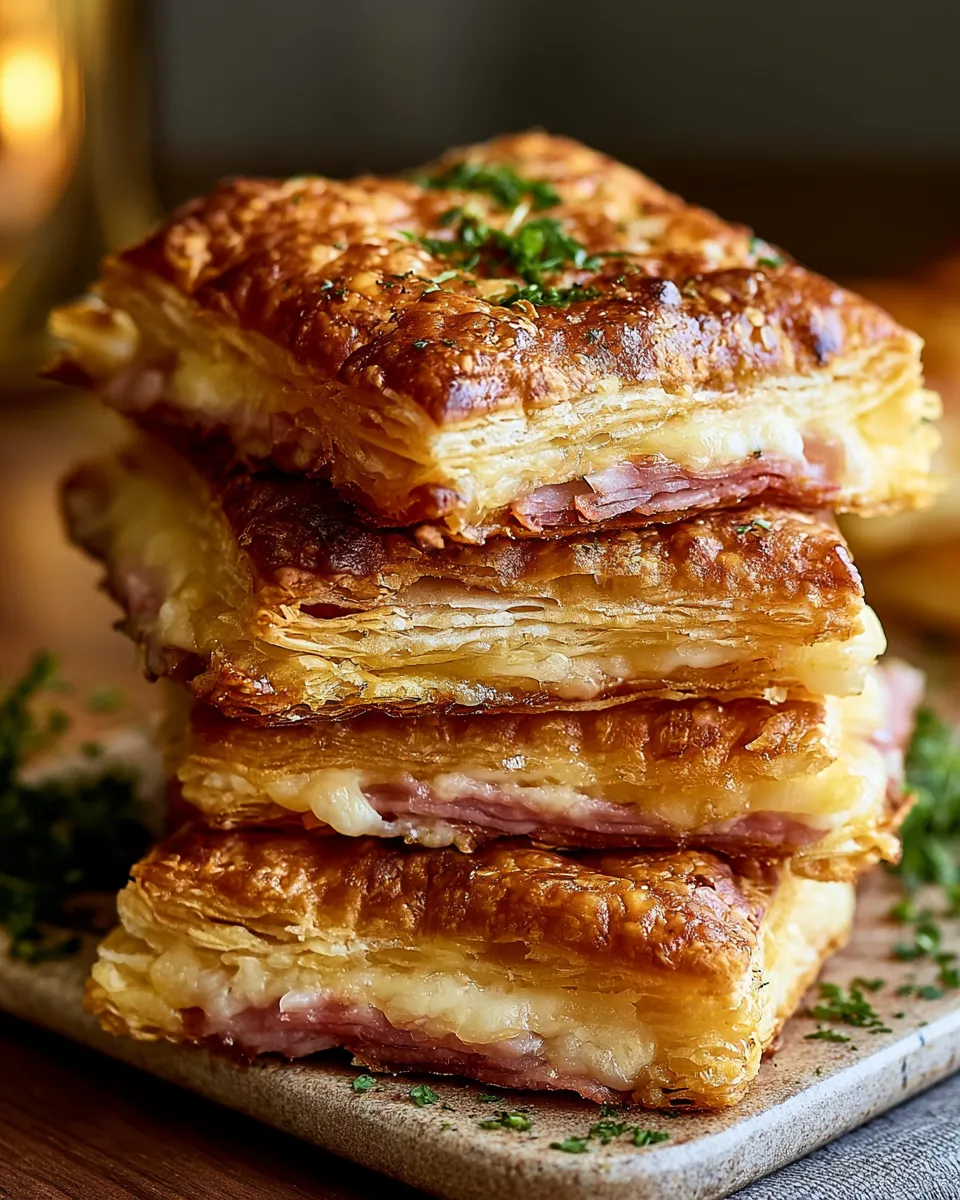 Crispy Ham Cheese Puff Pastry Stacks